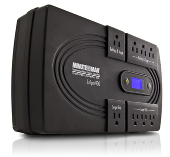 MINUTEMAN, ENSPIRE SERIES: STANDBY UPS, LCD DISPLAY, 900VA/500W, 120 INPUT & OUTPUT VAC, VOLTAGE RANGE 100-140VAC, (4) ON-BATTERY RECEPTACLES, (4) SURGE-ONLY RECEPTACLES, 4 MIN. FULL LOAD, 10 MIN. HAL